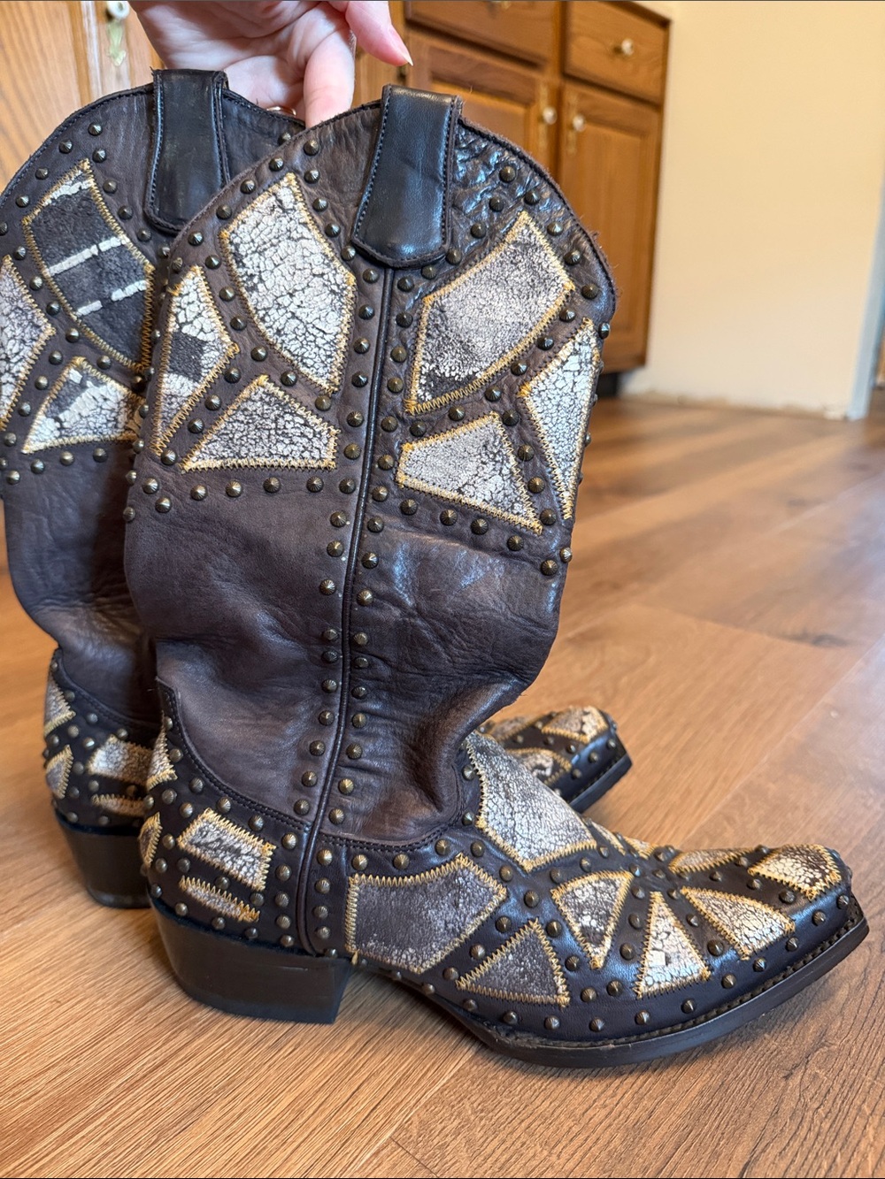 Old Gringo Brown and Cream Studded Patchwork Cowboy Boots